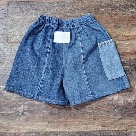 NWOT Parke Patchwork Denim Blue Jean High-Waisted Drawstring Pocket Shorts - Picture 3 of 5